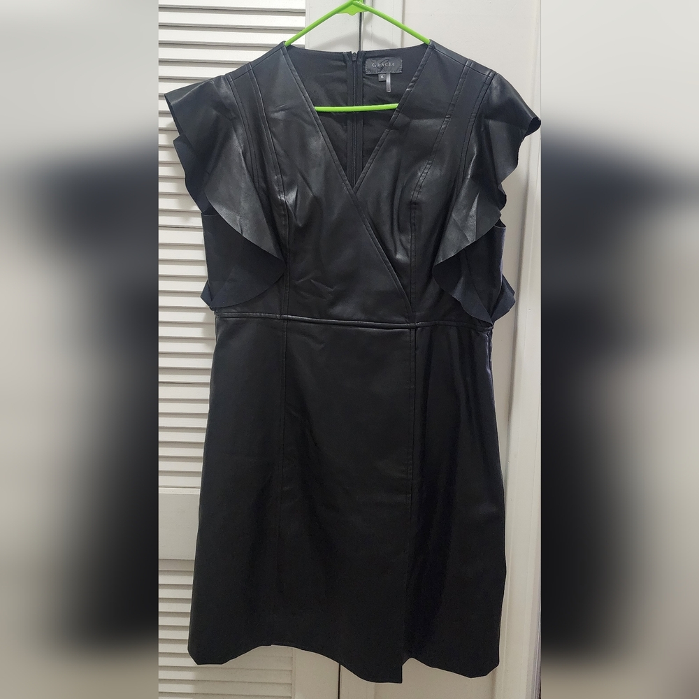 Gracia Faux Leather Black Mini Dress with Ruffled Sleeves